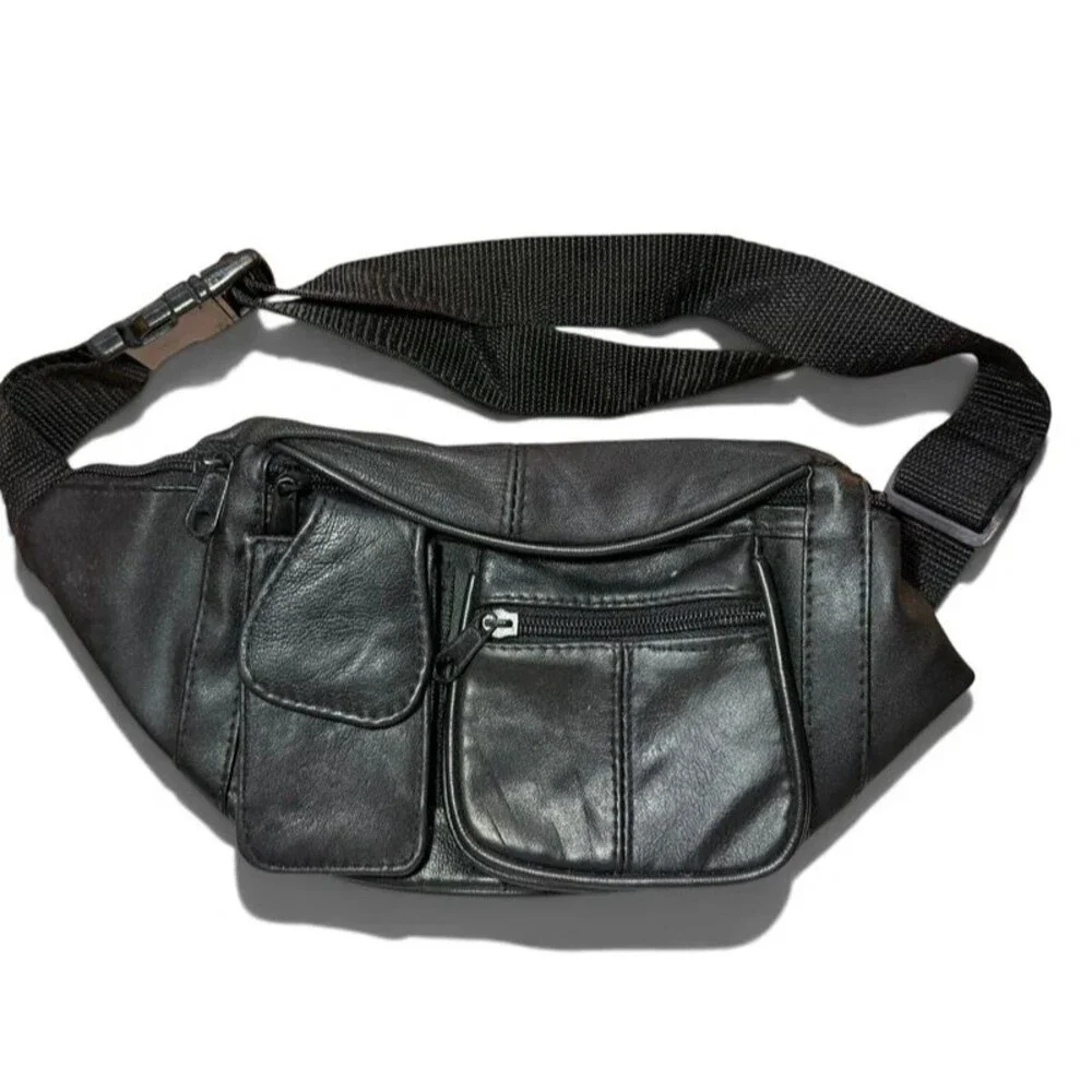 Vintage Y2K Black Leather Fanny Pack Waist Bag Multi Pocket Hip Belt Travel Pouc